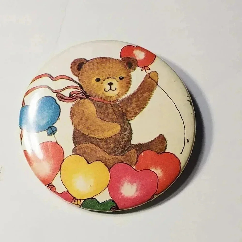 Teddy Bear Heart Balloons Pinback Vintage 1980's